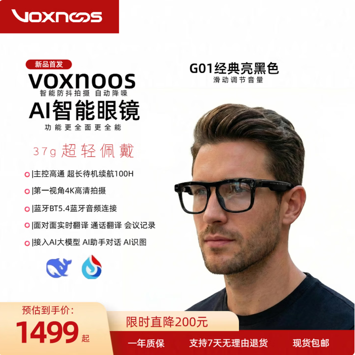 VOXNOOS【新品】G01智能眼镜 4K拍摄实时翻译AI眼镜 会议录音 蓝牙音频眼镜 亮黑色款