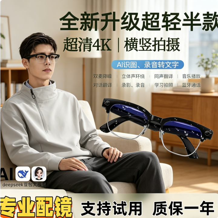 蓝宏AI 智能拍摄眼镜半框第一视角1300万高清像素实时翻译语音助手防抖拍摄AI识物可变色可配近视老花 L3透明款万物识别+AI智能4k画质